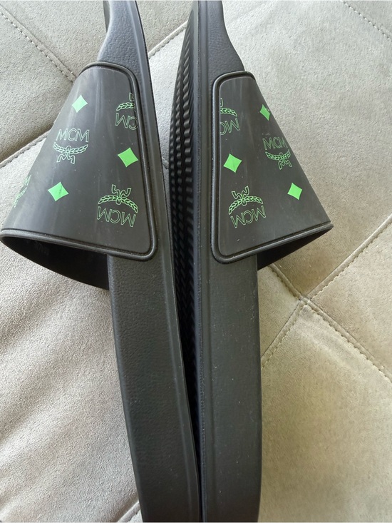 MCM Black Slides with Green Logo Pattern